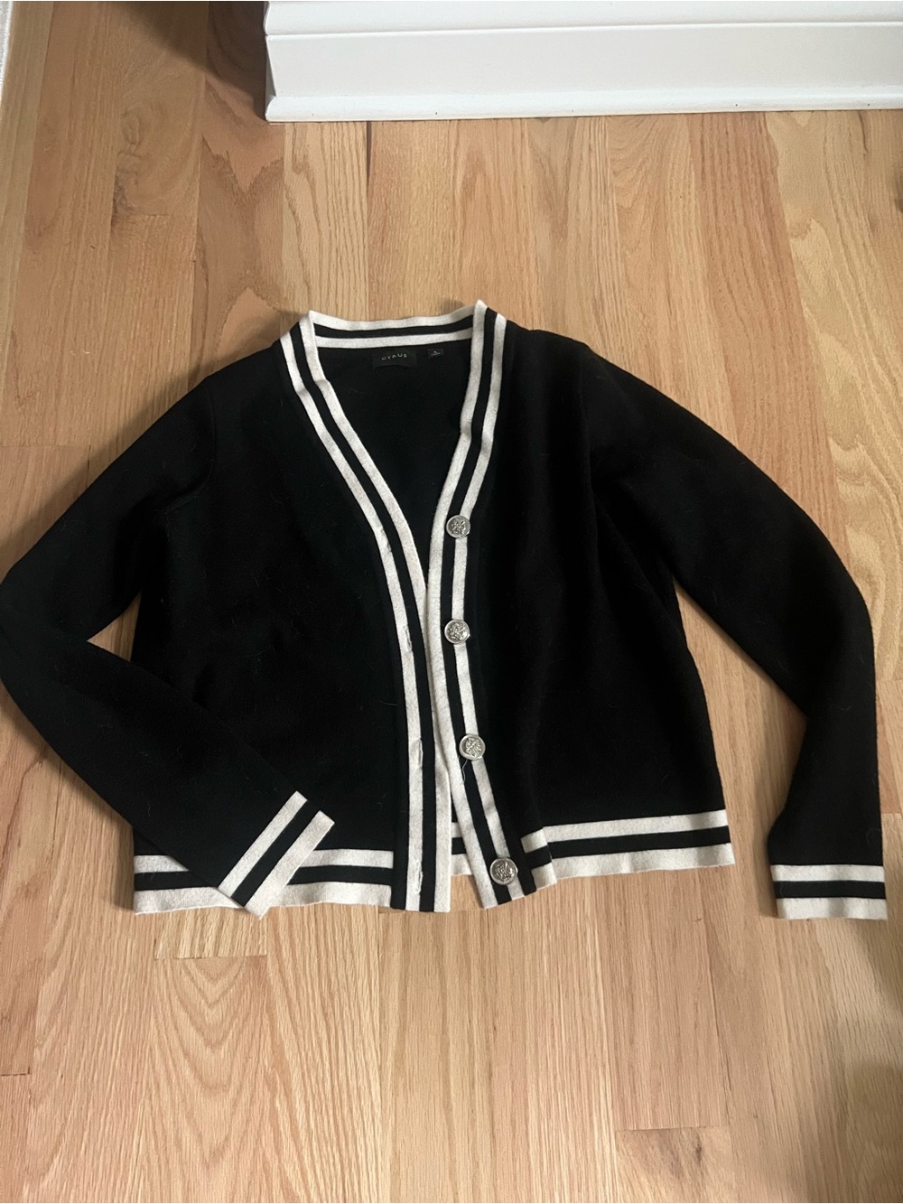 Cyrus Black Cardigan with White Stripe Trim